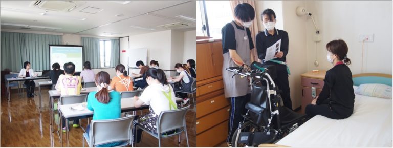 介護施設での入居者向けレクリエーション・運動機能訓練活動の様子。左は講座、右は機器使用指導。